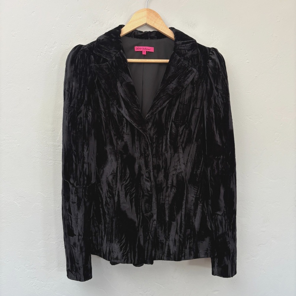 Betsey Johnson Crushed Velvet Blazer Women Size 10 Black Button Front Gothic